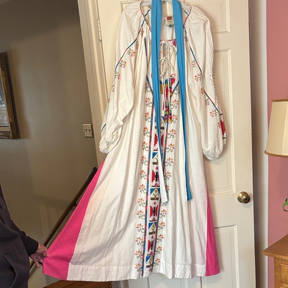 FARM Rio Dresses & Skirts - FARM Rio White Maxi Dress with Pink Panels and Blue Ribbon